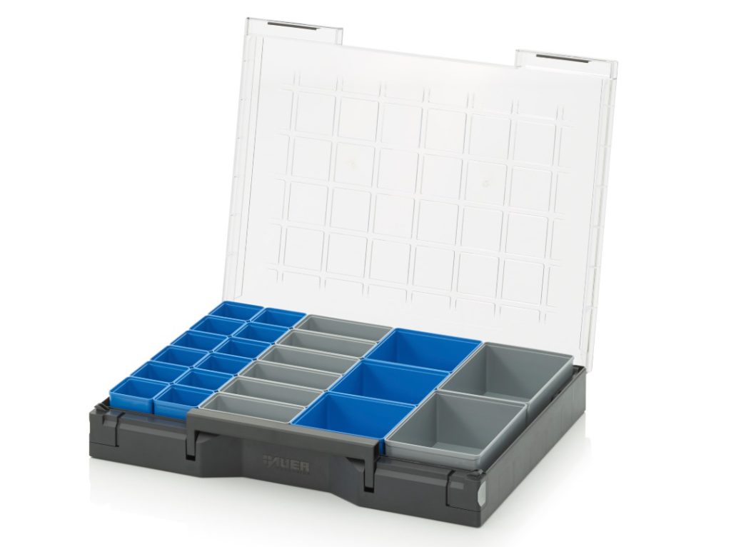 Assortimentbox 42 raster 8×6 (bakjes blauw/grijs diverse)