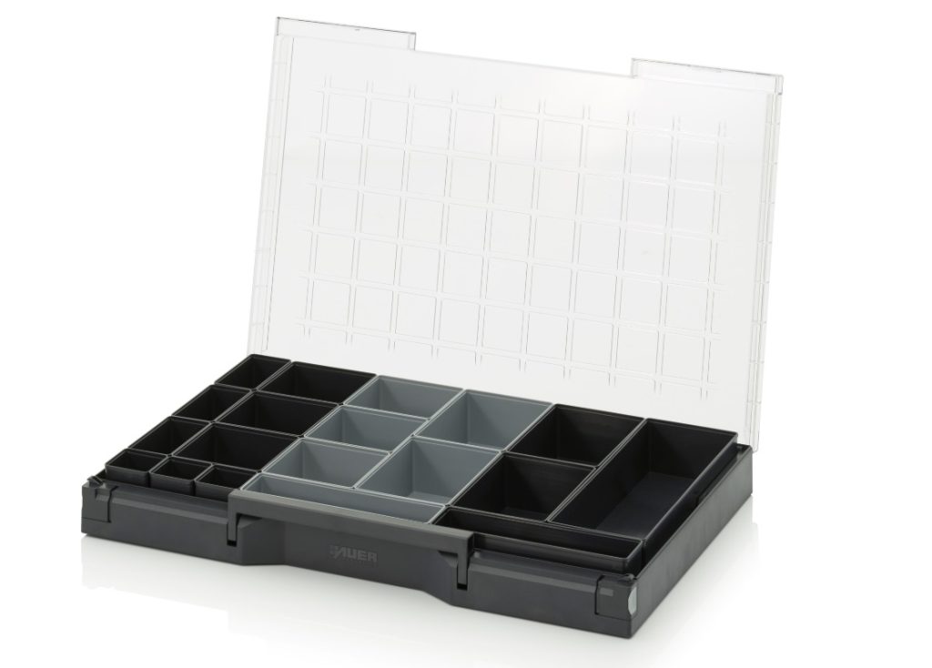 Assortimentbox 77 raster 11×7 (bakjes antraciet/grijs diverse)